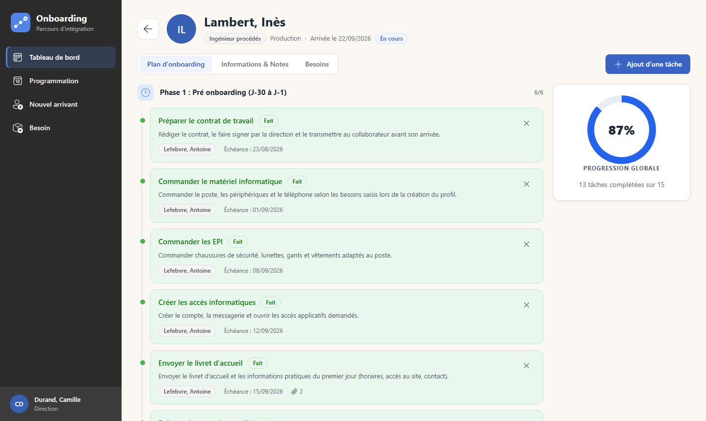 Fiche de suivi d'un arrivant dans l'application Onboarding